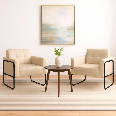 Imagem de Poltrona Sala Industrial Alta Tubo Preto Kit 2 Elisa Sintético D03 - D`rossi Cor Bege