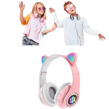 Imagem de Fone De Ouvido Com Orelha de Gatinho Infantil Headphone Bluetooth com Luzes RGB nas orelhinhas e patinhas para crianças tamanho ajustável dobrável (Rosa/Branco)