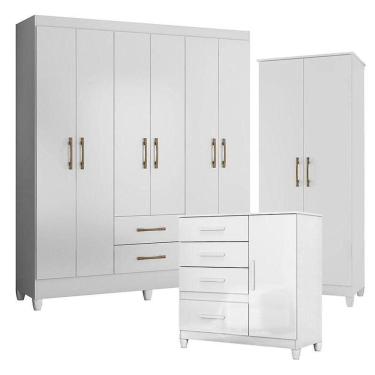 Imagem de Guarda Roupa Casal Panamá Com Cômoda Vênus Com Pés E Armário Multiuso Jade Branco Brilho- Moval