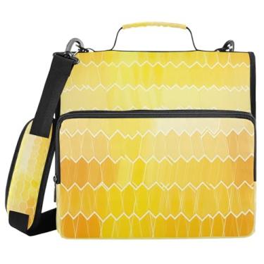 Imagem de ATTX Fichário hexagonal amarelo com zíper e alça acolchoada ajustável - 3 anéis com capacidade para 500 folhas com organizador de vários bolsos, serve para laptop de 12 polegadas #415
