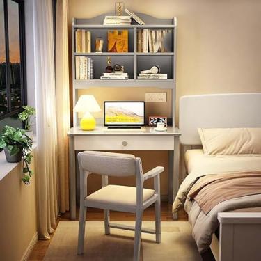 Imagem de Yadlan Study Desk with Hutch and Drawer Kids, Small Desk with Drawer for School Children, Kids Room Writing Desk with 3 Layers Bookshelf, Kids Study Table Wood Grey 70cm