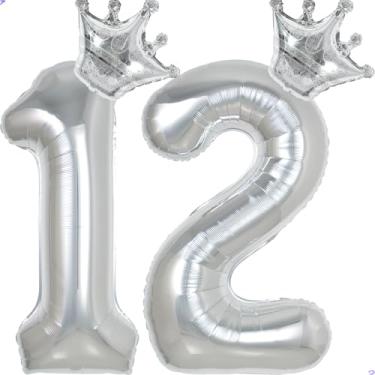 Imagem de 12 balões com números de 101,6 cm prata para decorações de aniversário de 12 anos para meninas e meninos, balões gigantes jumbo de 12 anos de Mylar