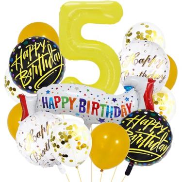 Imagem de Balões amarelos número 5. Balões de alumínio grandes de aniversário amarelos, balões coloridos de 5º aniversário para decoração de festa de aniversário de 5 anos, suprimentos para decoração de festa