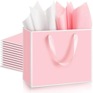 Imagem de ReliThick Pacote com 12 pacotes de 12 sacos de papel metálico para presente com alças e papel de seda, 29 x 25 x 10 cm, bolsa de agradecimento para Natal, Ação de Graças, casamento, dama de honra
