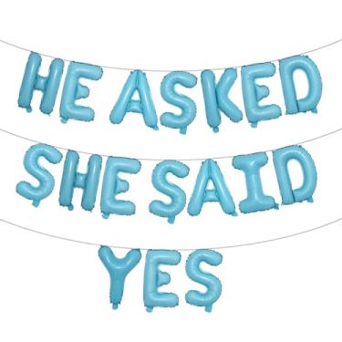 Imagem de He Asked She Said Yes Banner de balão, placa de glitter multicolorido para casamento, noivado, decorações de festa de chá de panela (HE ASKED SHE SAID YES Light Blue)