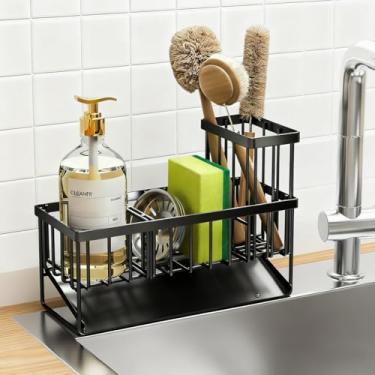 Imagem de Organizador de pia de cozinha autodrenante, suporte dispensador de esponja e detergente de aço inoxidável com suporte de escova alta, bandeja de bancada sem instalação (preto