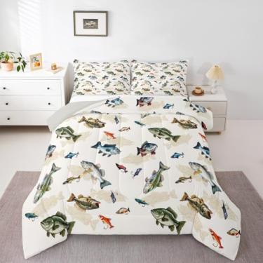 Imagem de Erosebridal Conjunto de edredom solteiro de pesca camuflada – Peixe lúcio, robalo, para meninos e crianças, tema de caça, camuflagem | Decoração rústica de quarto de fazenda com 1 fronha