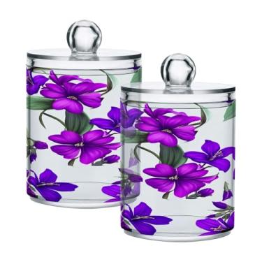 Imagem de Qilmy Conjunto com 2 suportes elegantes de flores roxas, frascos de boticário de 400 ml, vasilha organizadora de banheiro para cotonetes, bolas de algodão, almofadas de maquiagem, fio dental, sais de