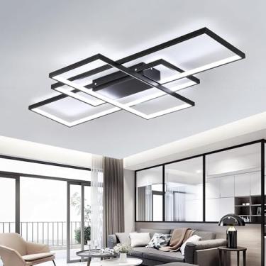 Imagem de Luminária de teto LED preta moderna, 90 cm, luz branca fria 6000K, lustre LED retangular de 3 anéis em alumínio e acrílico para sala de estar, quarto, sala de jantar e cozinha.