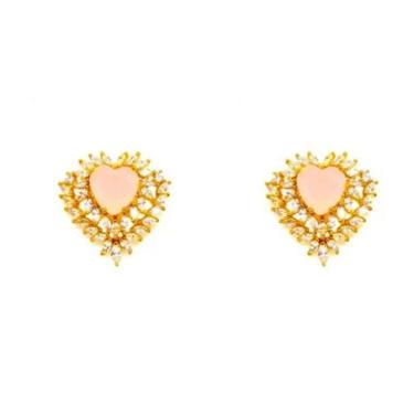 Imagem de Brinco Coração Folheado a Ouro 18k com Zirconia Rosa Leitosa