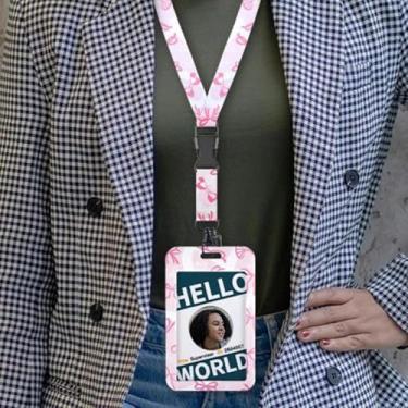 Imagem de 1 suporte de crachá com padrão de laço, carretel retrátil com mosquetão e cordão destacável, protetor de cartão de identificação vertical para escritório, professor, estudante