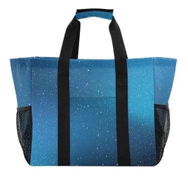 Imagem de ODAWA Bolsa feminina estética para academia de praia - Sacola reutilizável lavável de lona azul gradiente de mercearia