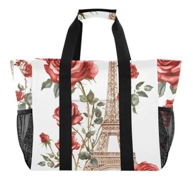 Imagem de ODAWA Bolsa de praia vintage portátil Torre Eiffel com rosas vermelhas para esportes e uso diário, bolsa de verão com bolsos para viagens, Torre Eiffel vintage rosas vermelhas, One Size
