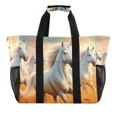 Imagem de ODAWA White Horses Running Bolsa de praia portátil de lona para verão e esportes, sacola de compras de lona para mulheres, Cavalos brancos correndo, One Size