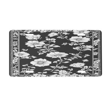 Imagem de Placa de licença preta de flor bonita para a frente do carro placas de carro alumínio metal adequado para caminhão placa de porta de carro bar café acessórios automotivos para homens mulheres 15 x 30