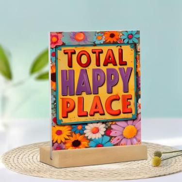 Imagem de Placa Total Happy Place com flores acrílicas para decoração de mesa (15 x 9,9 cm) - Escolha de presente ideal para decoração de casa na sala de estar ou no escritório