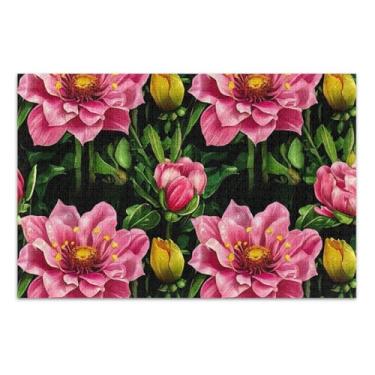 Imagem de Quebra-cabeça de flores rosa folhas verdes adultos 500 peças pintura de belas artes personalizadas rígido grande quebra-cabeça presentes para jogo de elefante branco, 51 x 35 centímetros