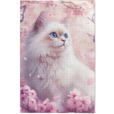Imagem de Quebra-cabeça personalizado de gato Ragdoll flor de cerejeira adulto 500 peças engraçadas jogo tecnologia presentes cena quebra-cabeças coloridos cenário animal arte decoração, 52 cm x 37,8 cm