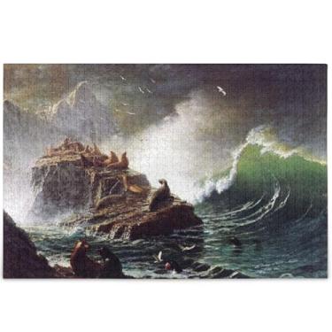 Imagem de Bierstadt Albert Seals Rocks Farallon Islands Quebra-cabeça adulto personalizado 1000 peças jogo engraçado difícil impressão de arte animal, 75 cm x 50 cm