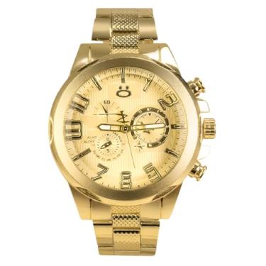 Imagem de Relógio Masculino Analógico Dourado Aço Inox + Óculos de Sol Preto UV + Cordão Grumet Cruz Presente