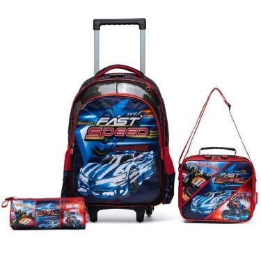 Imagem de Kit Mochila de Rodinhas Infantil Lancheira Térmica Estojo Escolar-Masculino