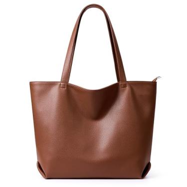 Imagem de WLLWOO Bolsa de couro vegano macio para mulheres, grande, casual, Hobo, com zíper, ombro, trabalho, diário, fim de semana, bolsa de viagem, Marrom, Large