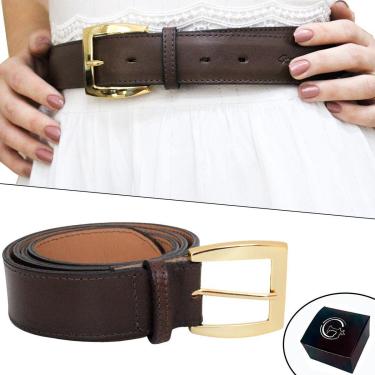 Imagem de Cinto Feminino de Couro Marrom Sofisticado Fivela Banhada a Ouro NE-Feminino
