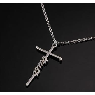 Imagem de Colar de cruz banhado a prata para mulheres, colar com pingente de cruz de confiança/mãe, colar pequeno, elegante, joias religiosas, cristãs, presentes de Dia das Mães para mulheres, One Size, Metal