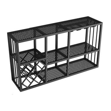 Imagem de Rack de vinho de metal montado na parede, prateleiras de vinho modernas, garrafa de vinho de metal e rack de vidro, suporte de exibição de ferro com prateleiras, rack de armazenamento multifuncional