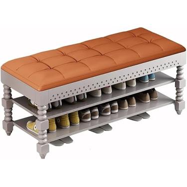 Imagem de Banco de sapatos, banco de armazenamento organizador com almofada 2 níveis sapateira para entrada sala de estar quarto corredor móveis de madeira, fácil de montar (tamanho: 110 x 30 x 48 cm, cor