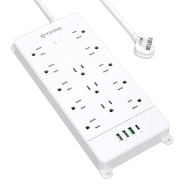 Imagem de TROND Barra de alimentação protetora de surge com carregador USB C e QC 3.0, saídas 13 largas 4 portas USB, cabo de extensão de plugue plano de 5 pés tira de energia, 4000J, moldura ETL, suporte de