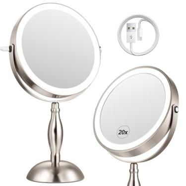 Imagem de DASLAVA Espelho de ampliação 20x com luz, espelho de maquiagem iluminado de 5000 mAh com 3 modos de cor e brilho ajustável, porta de carregamento lateral e sensor de toque lateral, rotação de 360°