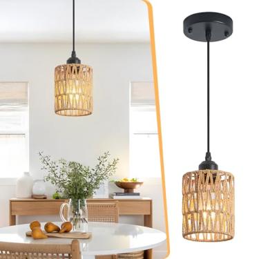 Imagem de OTeedo Lustre de vime pendente, ilha de cozinha, lustres boho de fazenda lâmpada suspensa de altura ajustável para sala de jantar, luminárias de teto de cozinha pequenas com vime tecido à mão