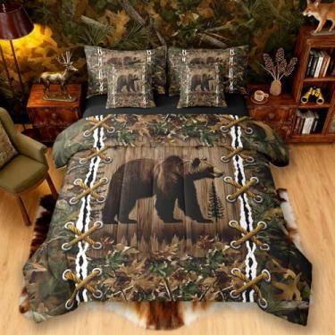 Imagem de Jogo de cama de casal e edredom | Wild Bear Grizzly com 7 peças, camuflagem, animais de caça na floresta, conjunto de cama camuflado rústico de casa de fazenda, camuflagem