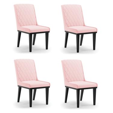 Imagem de Cadeira Sala de Jantar Base Madeira Preto Kit 4 Sofia Suede Rosa Bebê D03 - D'Rossi