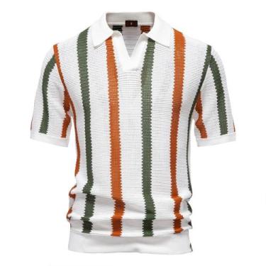Imagem de Camisa Polo Masculina De Malha Canelada Respirável Com Listras, Colari
