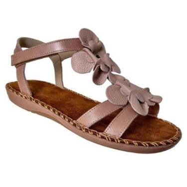 Imagem de Sandália Rasteira Feminina Couro Legítimo Rosê Velcro-Feminino