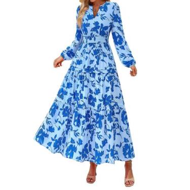 Imagem de Vestido PRETTYGARDEN Maxi Floral Azul Céu de Manga Longa XL