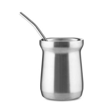 Imagem de Kit Tereré Cuia Térmica Prata 250ml e Bomba Inox Mantém Gelado - Globa