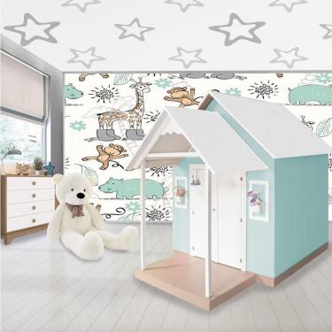 Imagem de Casinha de Brinquedo de Mdf L12 Artesanal com Telhado Branco e Verde Água para Criança Feliz