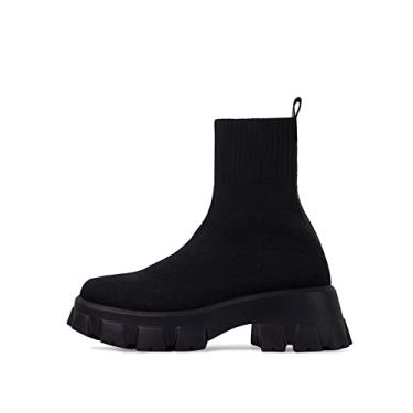 Imagem de keleimusi Bota feminina Chelsea, cano baixo, sola plataforma, salto grosso, botas de motociclista, Preto, 37