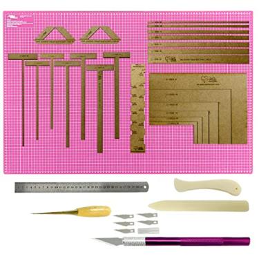 Imagem de Gabarito De Mdf Kit Cartonagem Scrapbook Base De Corte 45x30 Régua 30cm Inox Agulhão Estilete (Estilete Roxo)