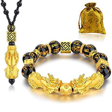 Imagem de Pulseiras Feng Shui - Pulseiras Pi Xiu Boa Sorte, Presentes de Aniversário de Natal para Mulheres e Homens, 12 mm Dinheiro Riqueza Sucesso Pulseira, Medium, Pedra, Obsidiana