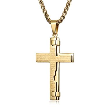 Imagem de CIUNOFOR Colar de cruz de tom dourado para homens e meninos com pingente de aço inoxidável para oração 61 cm e 76 cm, Metal,
