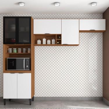 Imagem de Cozinha Compacta Demóbile Firenze com 7 Portas, 6 Prateleiras e Nicho para Micro-ondas - 260cm de largura - Amêndola/Branco