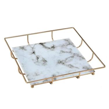 Imagem de Bandeja Decorativa Quadrada em Metal e Vidro Dourado 34cm