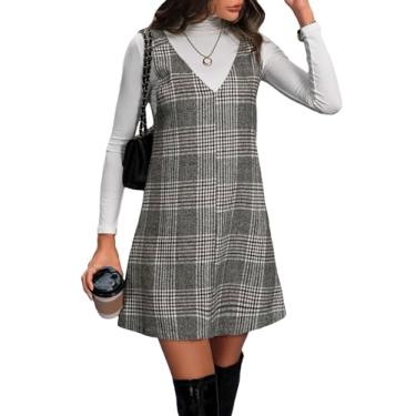 Imagem de MakeMeChic Vestido feminino com estampa xadrez, sem mangas, decote em V, vestido curto, Cinza Ab, G