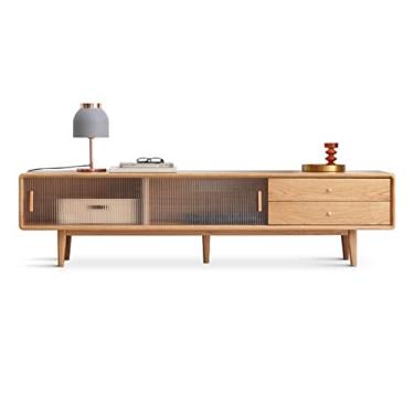 Imagem de Suporte de TV Armário de TV Moderno Suporte de TV, Centro de Entretenimento em Carvalho com 2 Gavetas e 2 Portas Deslizantes de Vidro, Alças de Latão Refinadas para Uma Sala de Estar Limpa e Natural