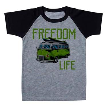 Imagem de Camiseta Raglan Infantil Cinza Carro Van Kombi Surf Prancha Freedom Life Verde (BR, Numérico, 12, Regular, Polialgodão)