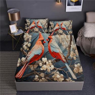 Imagem de Jogo de cama com estampa de pássaros cardeais, cama em um saco, 7 peças, lindo North Special Birds, incluindo 1 lençol com elástico + 1 edredom + 4 fronhas + 1 lençol de cima (A, cama de solteiro em